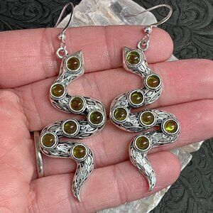 Curvy Snakes With Green Glass Earrings